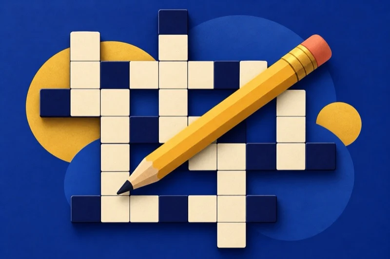 A paper-craft crossword grid in navy and cream with a yellow pencil lying across it.
