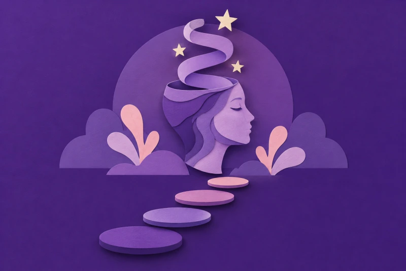 Paper-cut illustration of a woman's head in profile with a ribbon of thought rising from it, above stepping stones on a purple background.