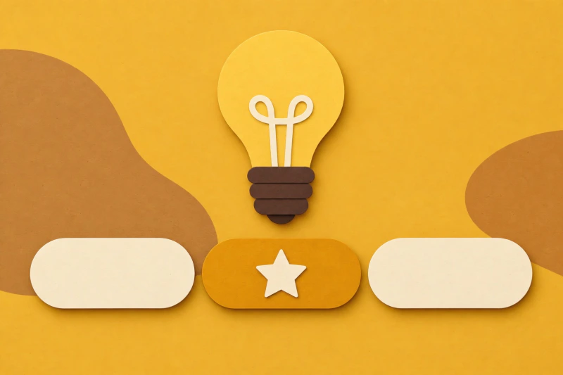 A paper-craft yellow light bulb above three answer buttons, the middle one marked with a star.