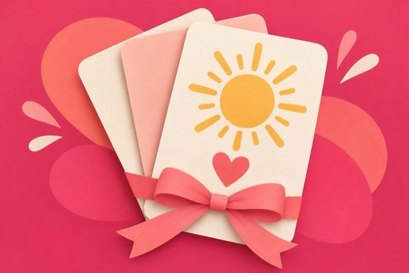 Paper-craft verse cards in pink and cream, the front one showing a sun and a heart, tied with a pink ribbon.