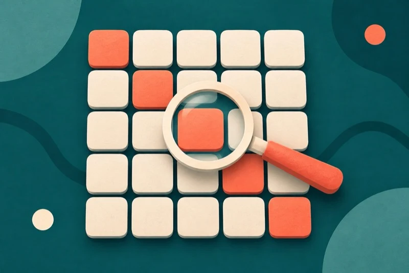A grid of cream letter tiles with a few orange ones and a magnifying glass over one of them, on a teal background.