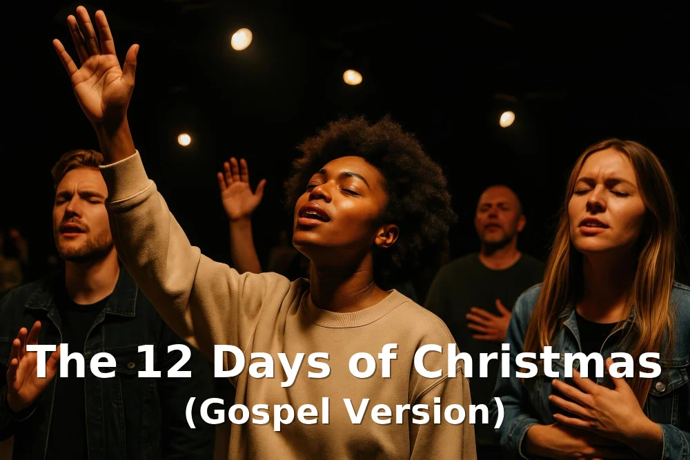 Worshippers with raised hands in a dark church beside the title "The 12 Days of Christmas (Gospel Version)".
