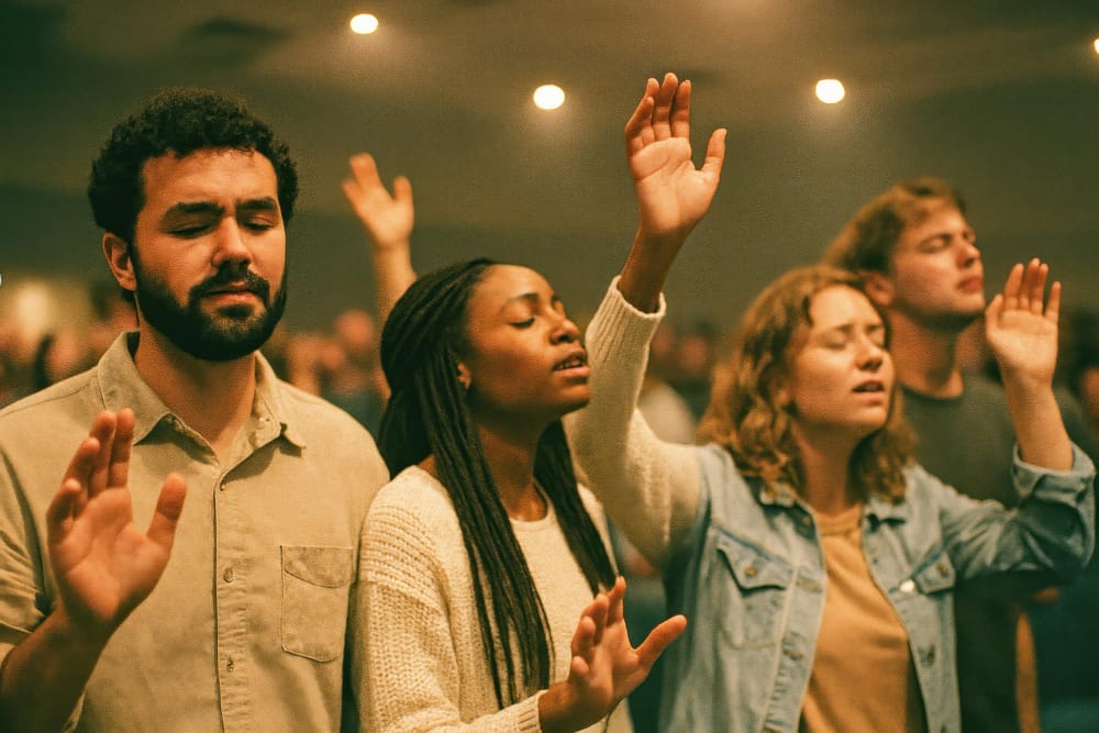 A congregation singing together with their eyes closed and hands raised in a warmly lit hall.