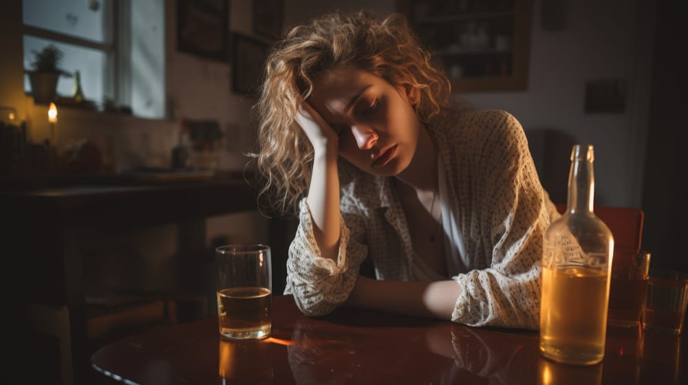 A woman resting her head on her hand at a dim table beside a glass and a bottle of whiskey, caught in a bad habit.