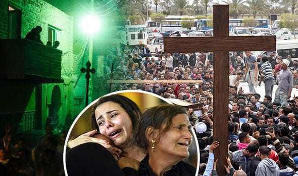 A large wooden cross raised above a dense crowd, with an inset of two grieving women embracing.