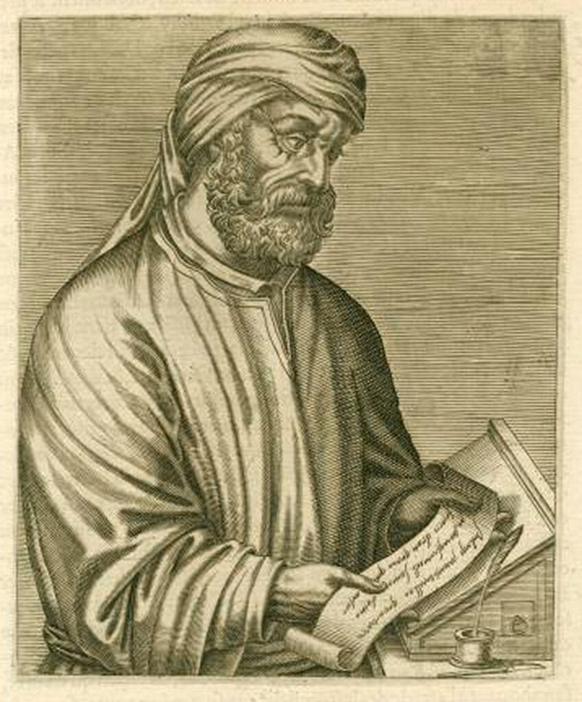 Engraved portrait of the early church father Tertullian in a turban and robe, holding a scroll and pen.