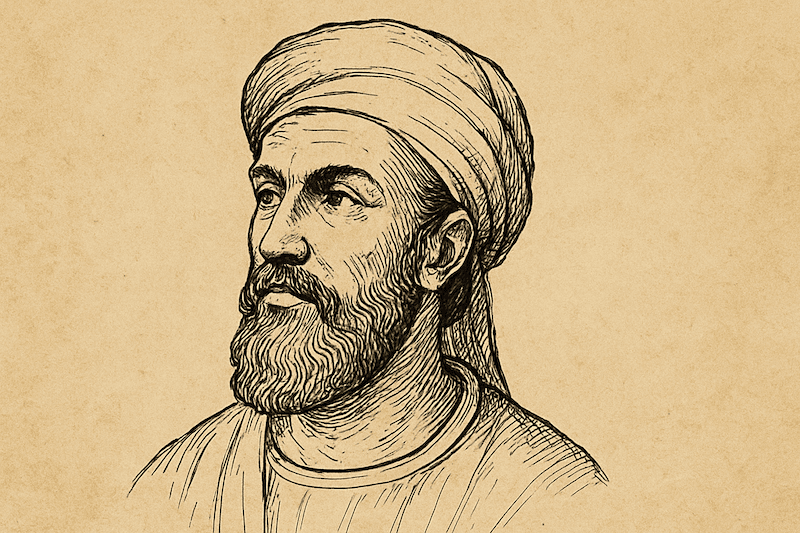 Ink sketch of Tertullian, a bearded man in a turban, on aged parchment.
