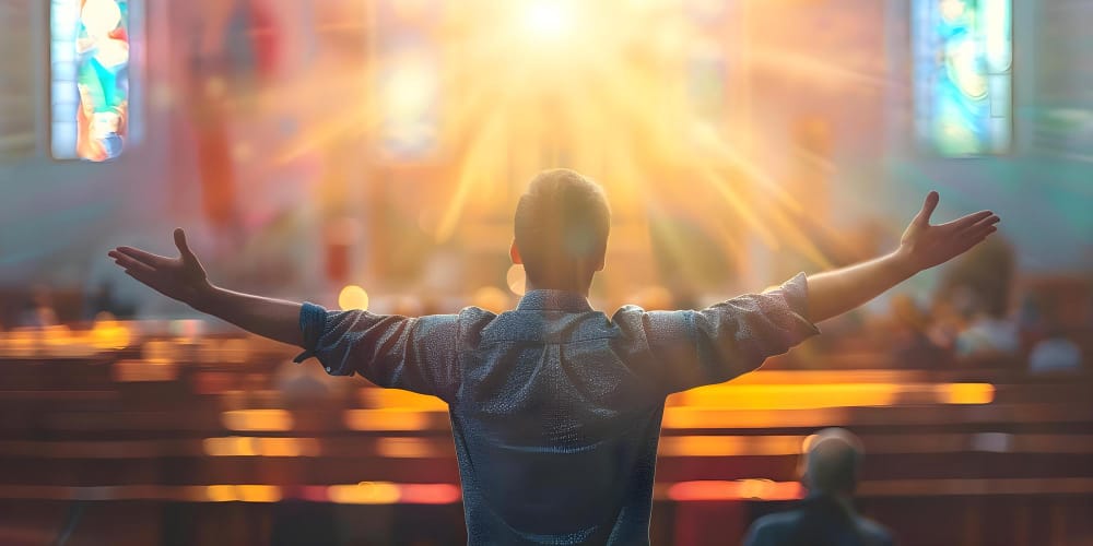 A man seen from behind with his arms stretched wide in praise inside a church, with sunlight streaming through stained glass windows.