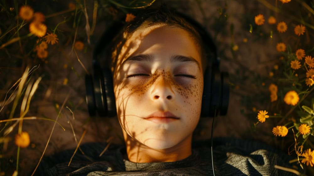 A freckled boy lying among orange wildflowers with his eyes closed, listening to music on headphones.