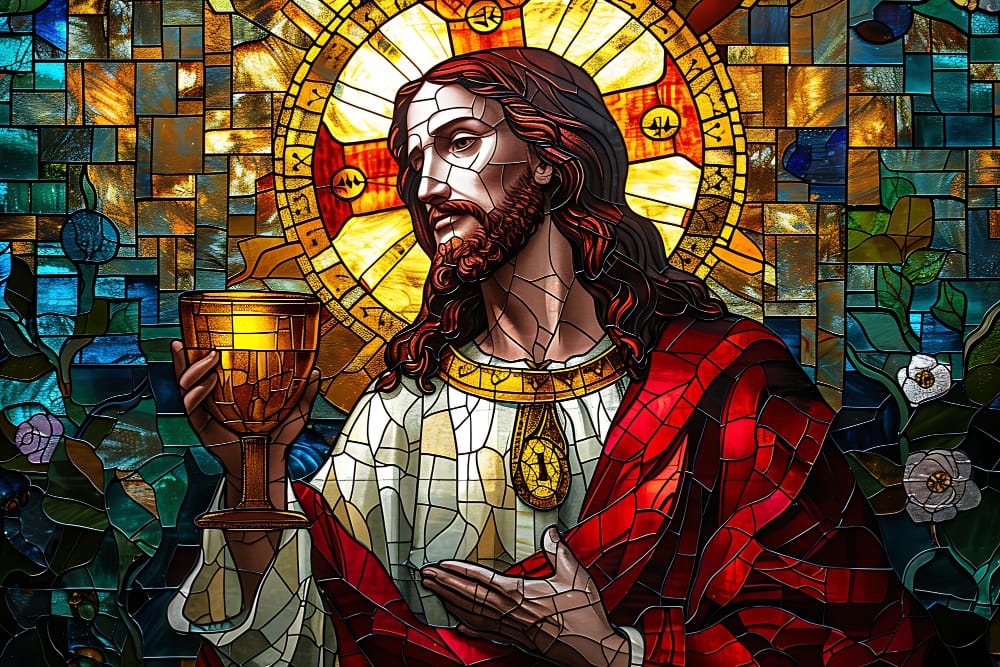 Stained glass image of Jesus with a golden halo, holding a chalice and wearing a red robe.