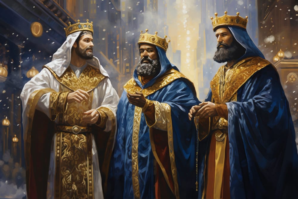Painting of three crowned kings in gold-embroidered blue and white robes standing together.