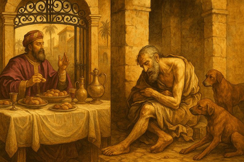 Painting of the rich man feasting at a table behind an iron gate while the beggar Lazarus sits outside with dogs at his feet.