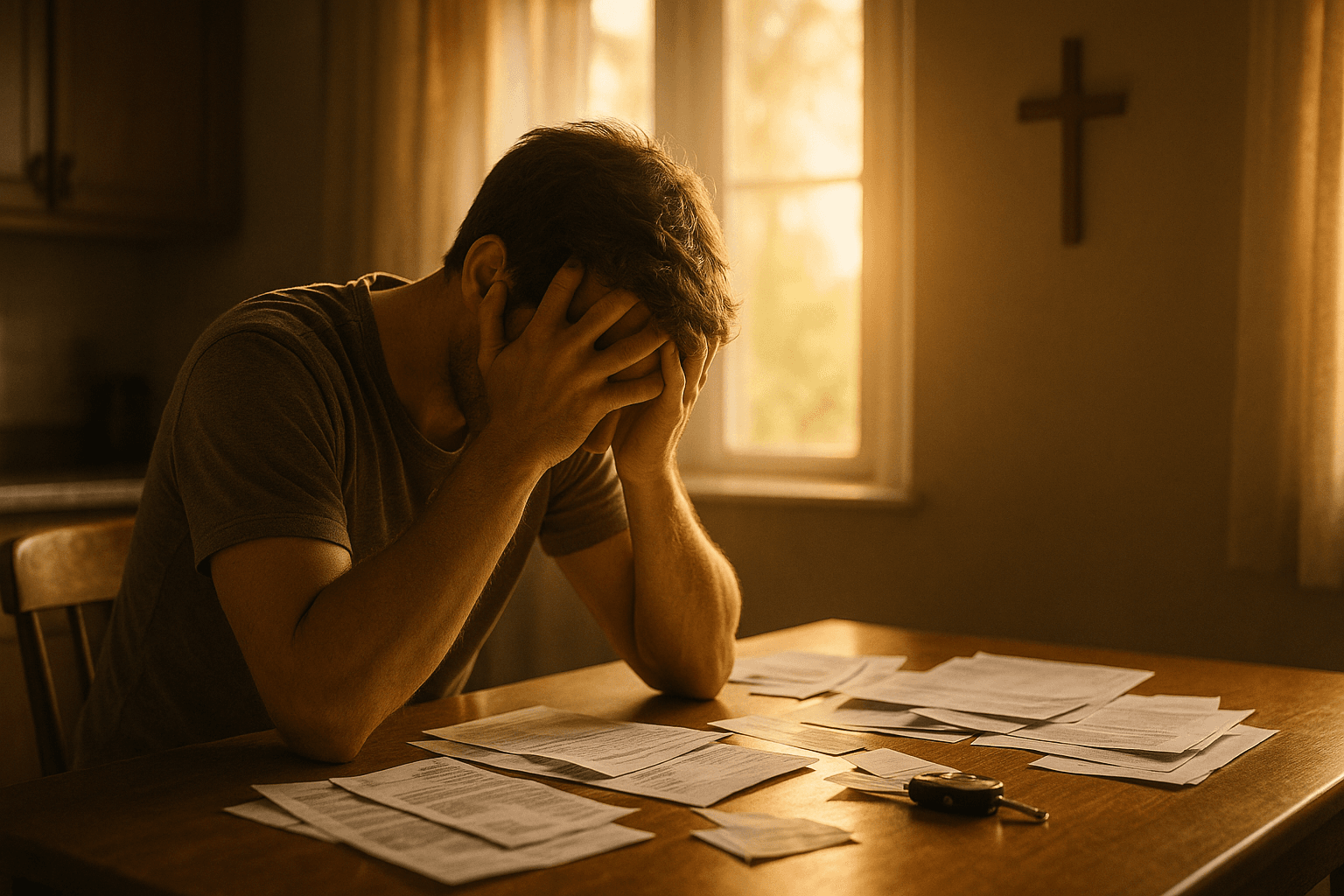 A man at a kitchen table with his head in his hands over scattered bills and car keys, with a cross on the wall behind him.