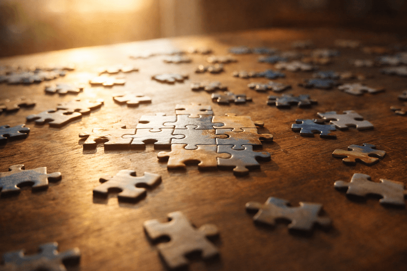 Jigsaw puzzle pieces scattered on a wooden table in warm light, with a few already fitted together.