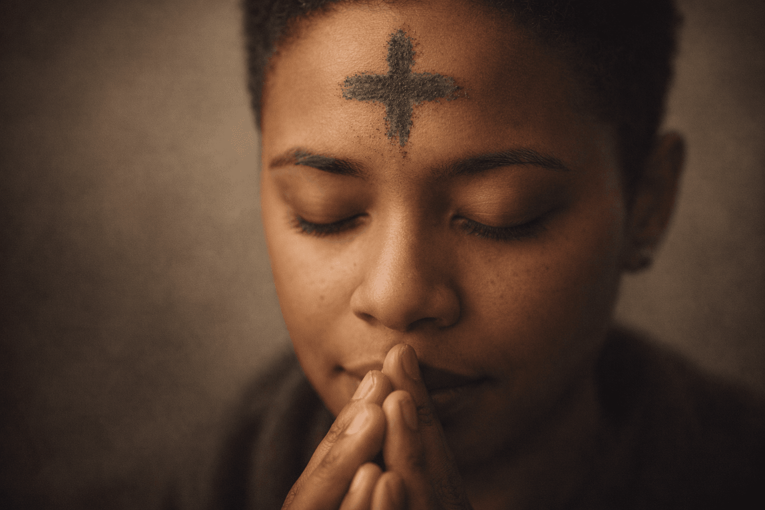 A woman with her eyes closed and hands folded in prayer, with a cross of ashes marked on her forehead.