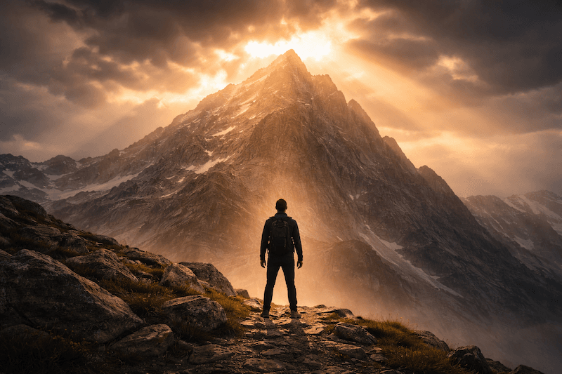 A lone hiker with a backpack standing on a rocky ridge, facing a towering mountain lit by rays of sunlight.