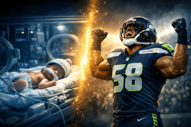 Illustration of a Seattle Seahawks player in a number 58 jersey roaring with clenched fists beside a premature baby in a hospital incubator.