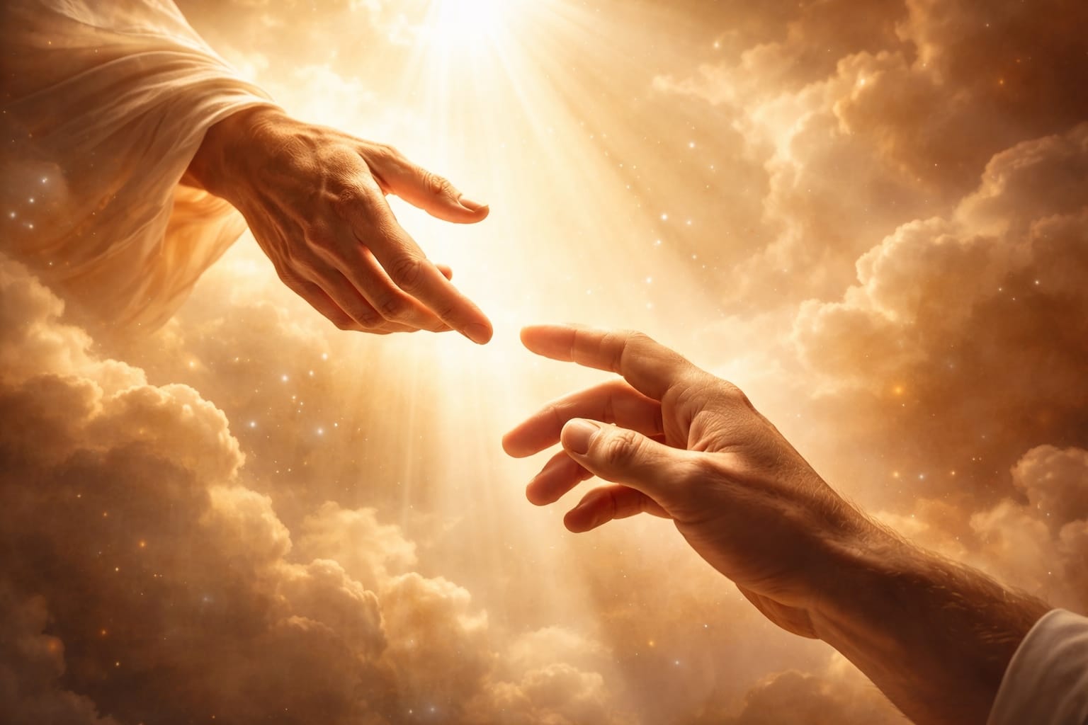 A human hand reaching up toward a hand extended from glowing clouds and rays of heavenly light.