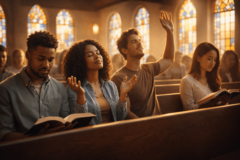 Young men and women in a church pew with open Bibles, some with eyes closed and hands raised, under stained glass windows.