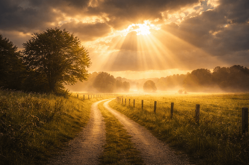 Sunrise breaking through clouds over a misty meadow with a dirt track winding between fences toward distant trees.