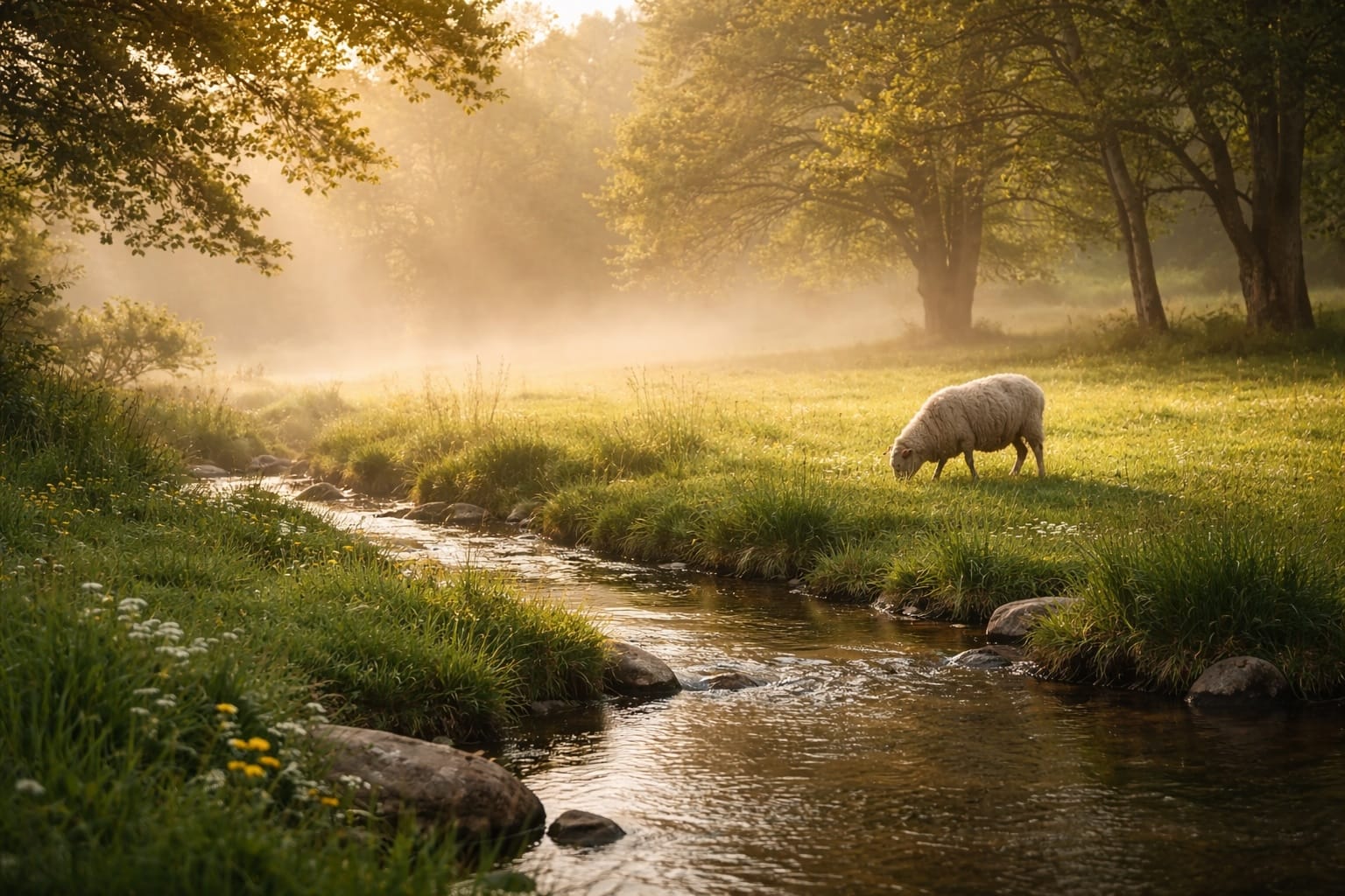 A lone sheep grazing in a green meadow beside a gently flowing stream in morning mist.