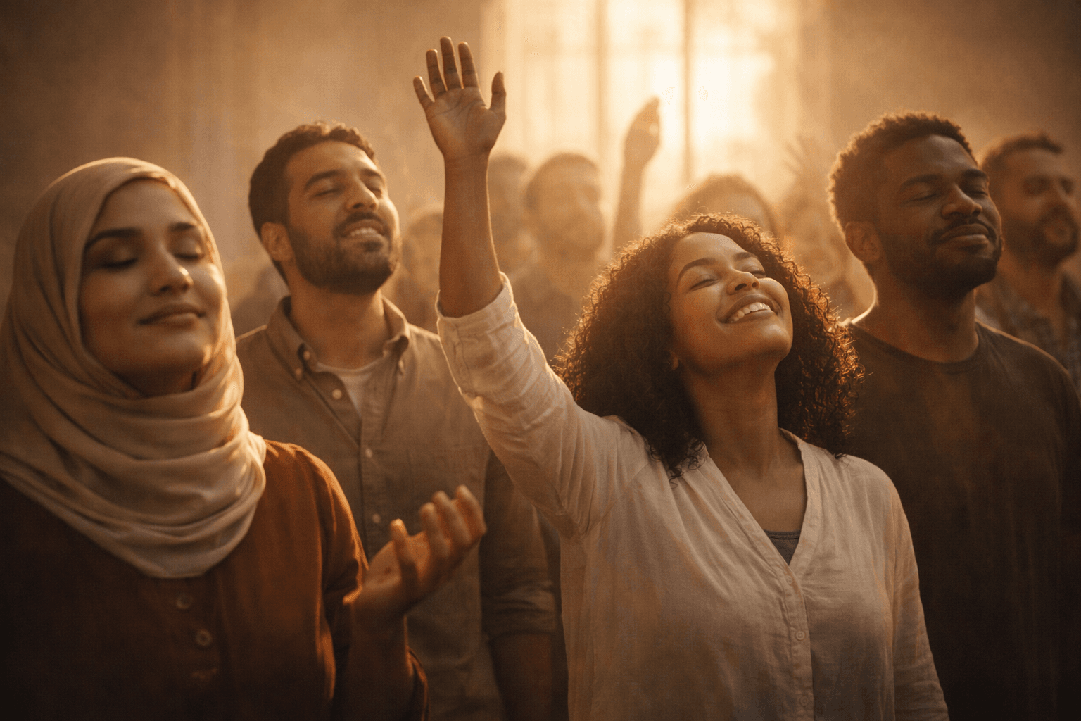 A diverse group of worshippers, including a woman in a hijab, with eyes closed and hands raised in a sunlit room.