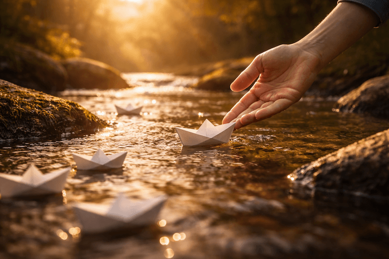 A hand reaching toward small white paper boats floating down a sunlit stream.