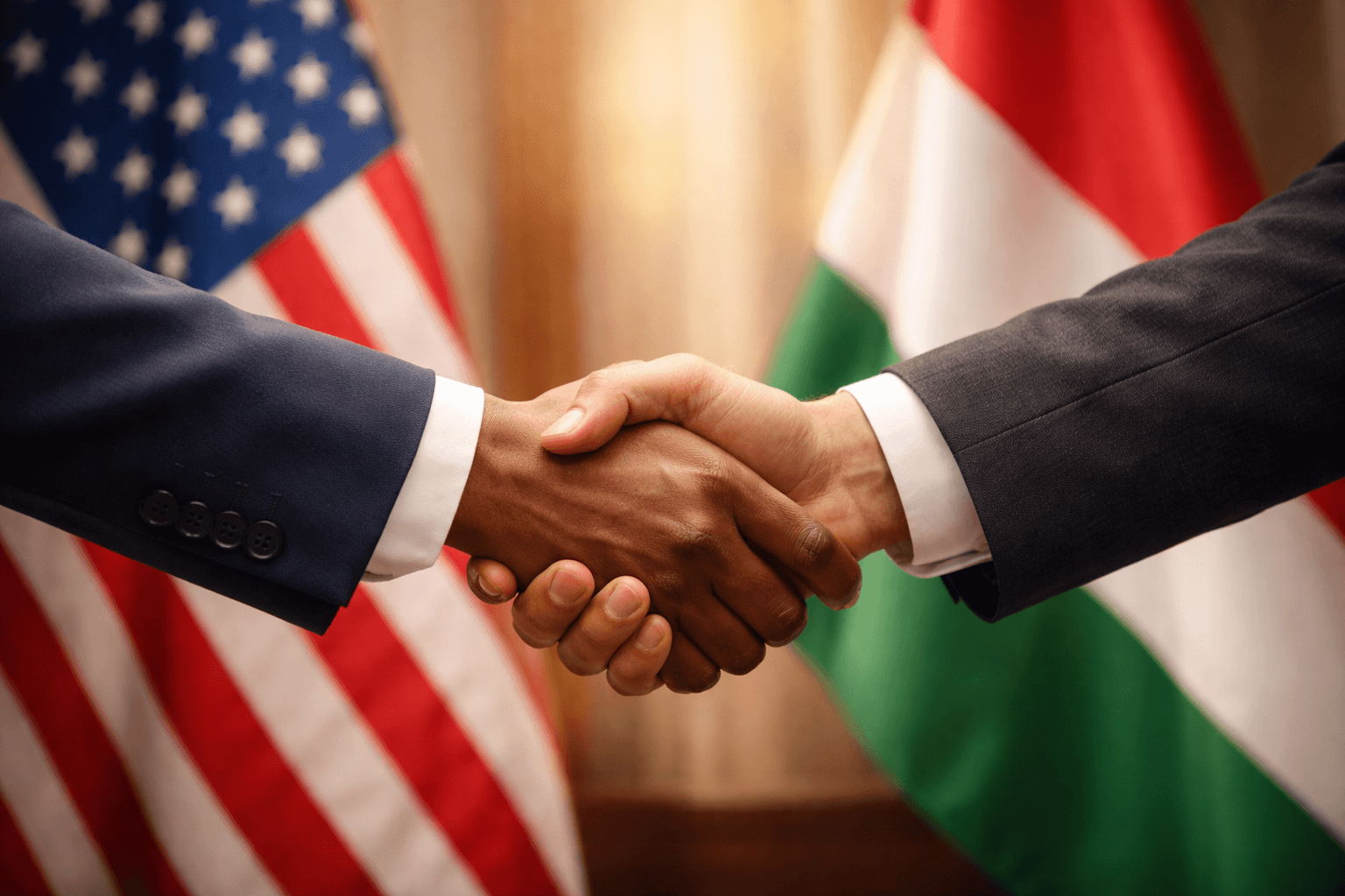 Two men in dark suits shaking hands in front of the American and Hungarian flags.