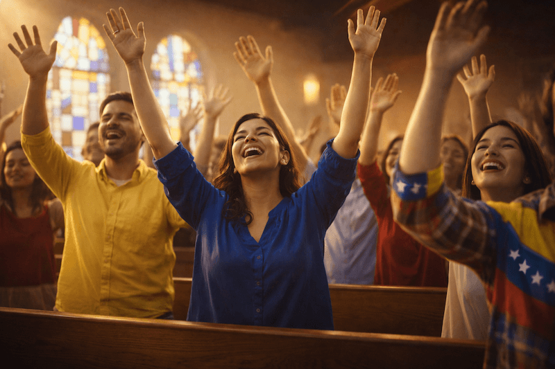 Joyful worshippers with raised hands in a church with stained glass windows, one wearing a shirt in the Venezuelan flag colors.