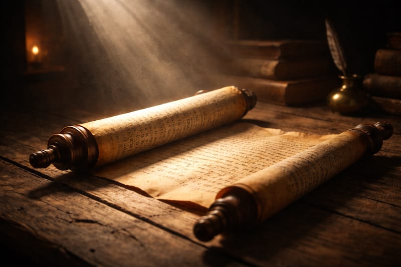 Ancient scrolls unrolled on a wooden table in a shaft of light, with a quill pen, an inkwell and old books.
