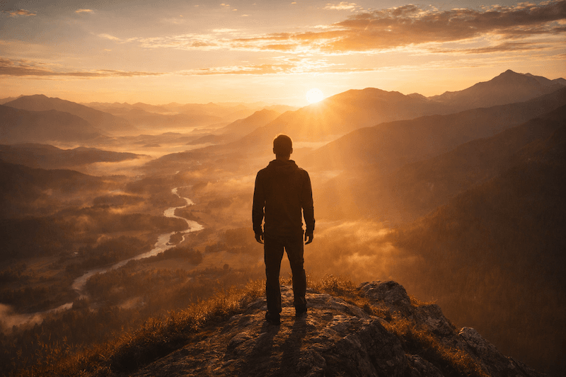 A man standing on a mountain summit at sunrise, looking out over a misty valley with a winding river.
