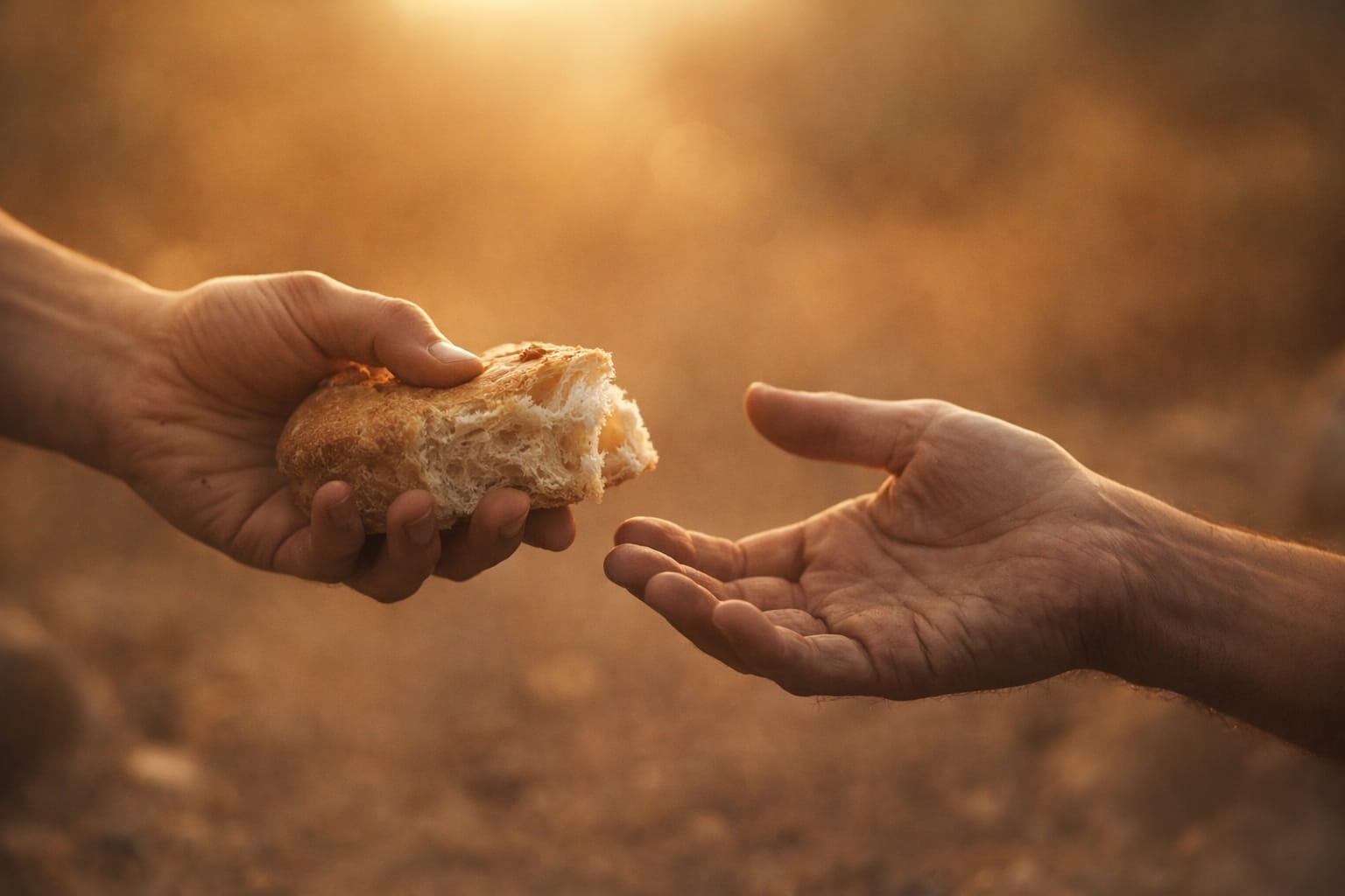 One hand offering a piece of bread to another open hand.