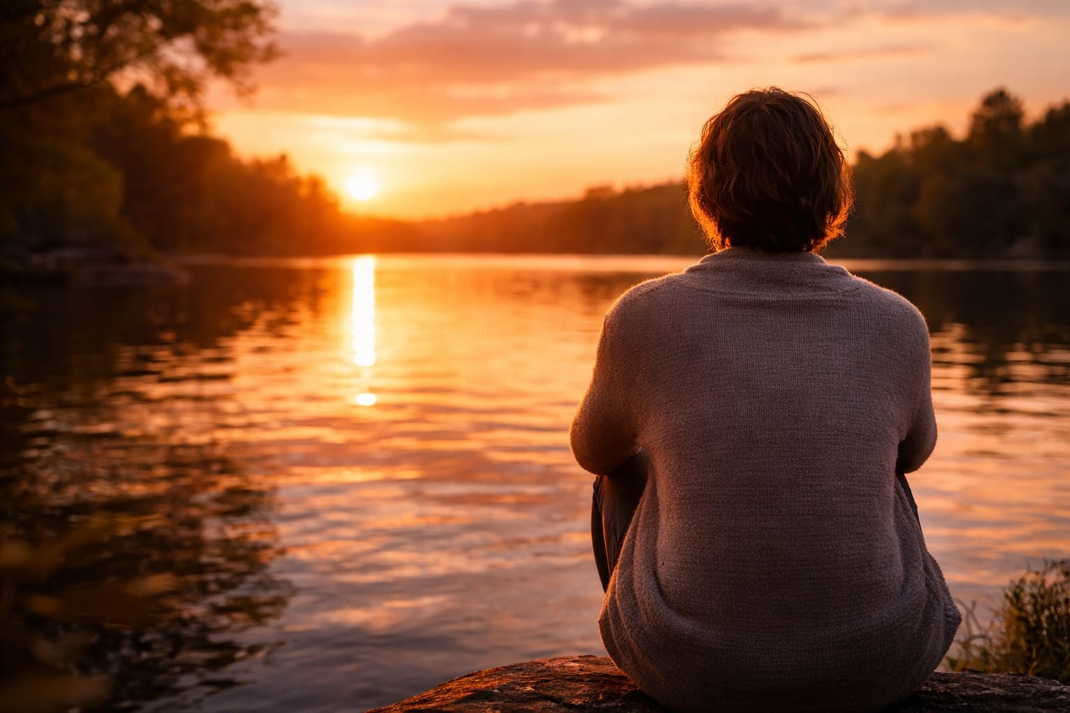 A person seen from behind sitting on a rock beside a calm lake at sunset.