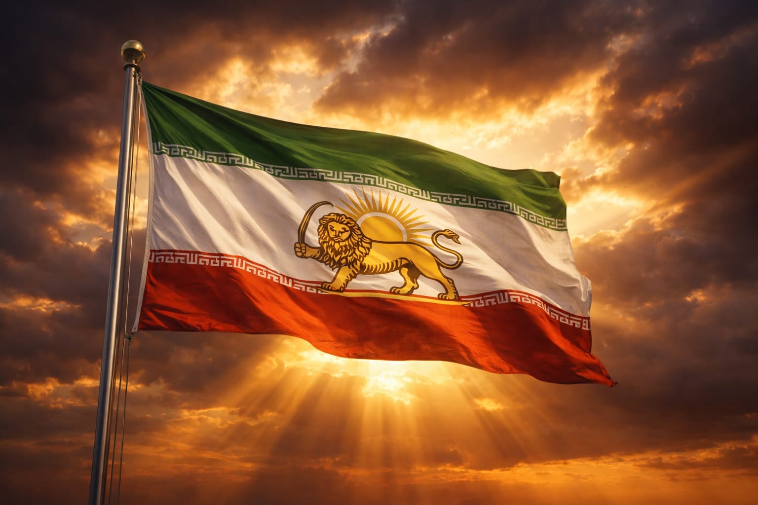 An Iranian flag with a lion and sun emblem waving against a stormy sunset sky.