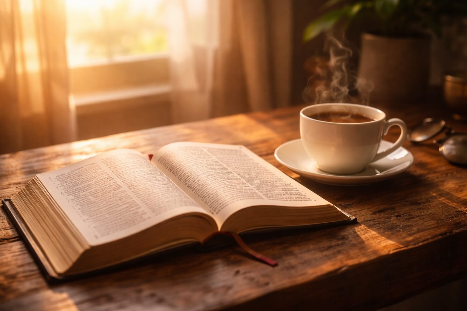 An open Bible on a wooden table beside a steaming cup of coffee in soft morning light.