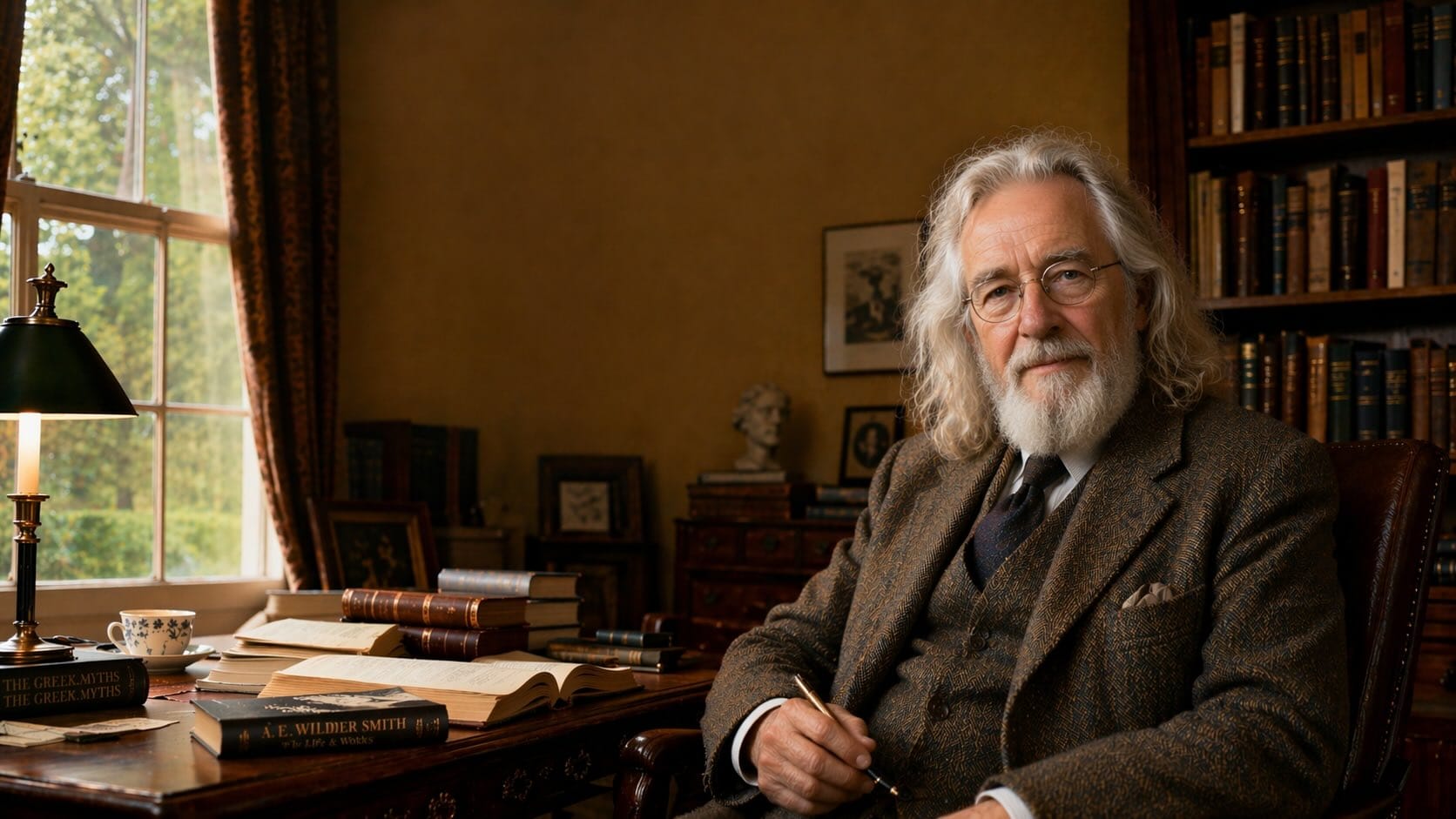 Illustrated portrait of A.E. Wilder-Smith, an older man with long white hair and a beard in a tweed jacket, seated at a desk in a book-lined study.