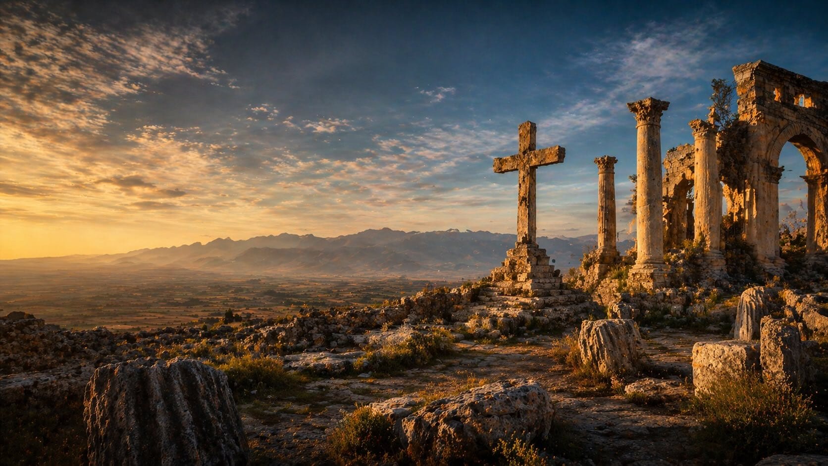A stone cross and the columns and arch of ancient Roman ruins on a hillside overlooking mountains at sunset.