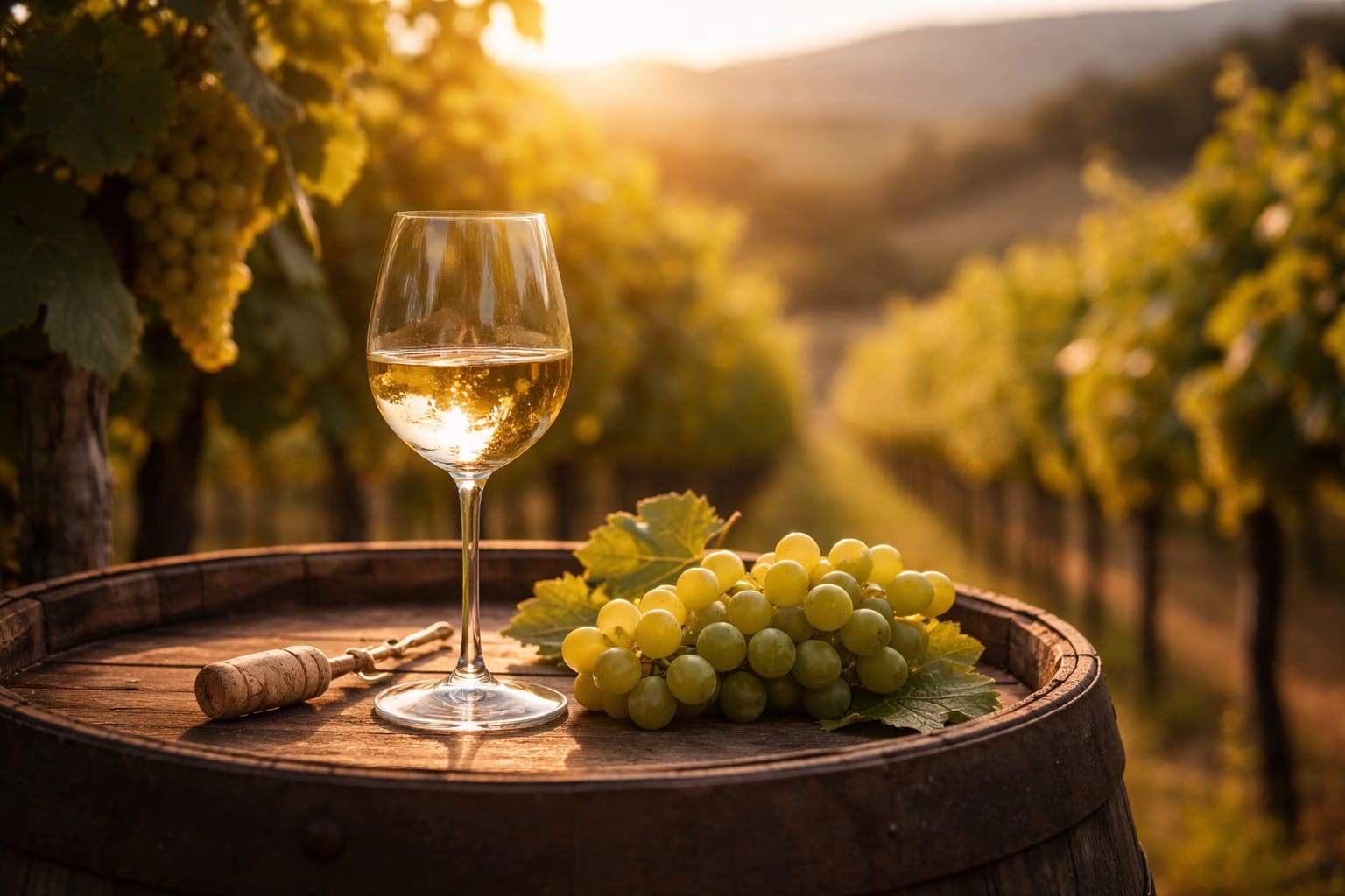 A glass of white wine and a bunch of green grapes on a wooden barrel among vines in a sunlit vineyard.