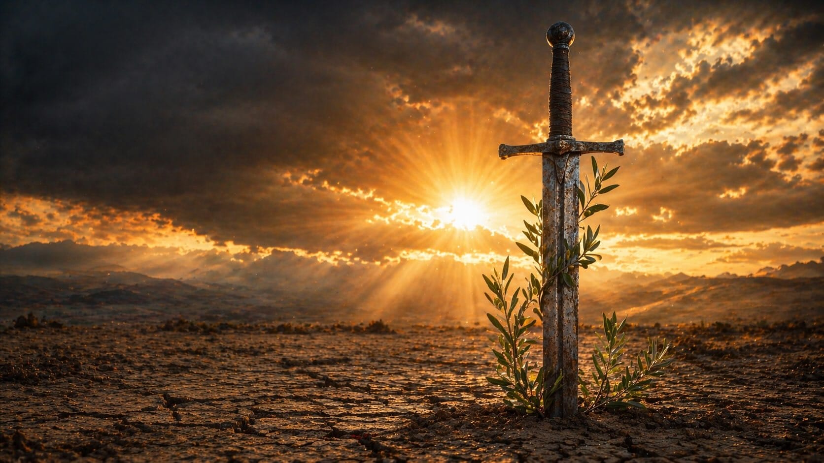 A sword planted upright in cracked dry ground with an olive branch winding up the blade under a stormy sunset.