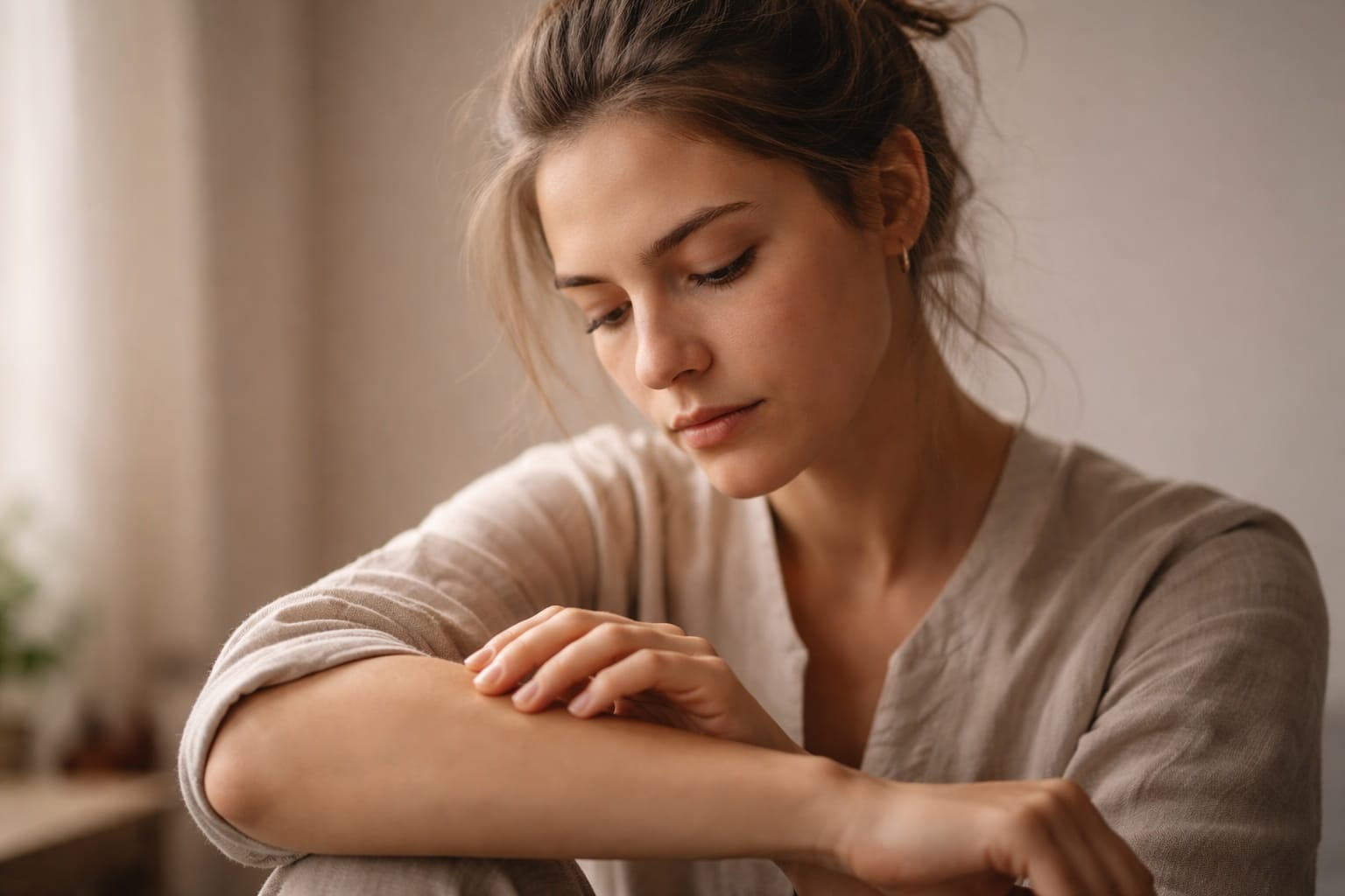 A woman with her hair tied up looking down thoughtfully at her bare forearm.