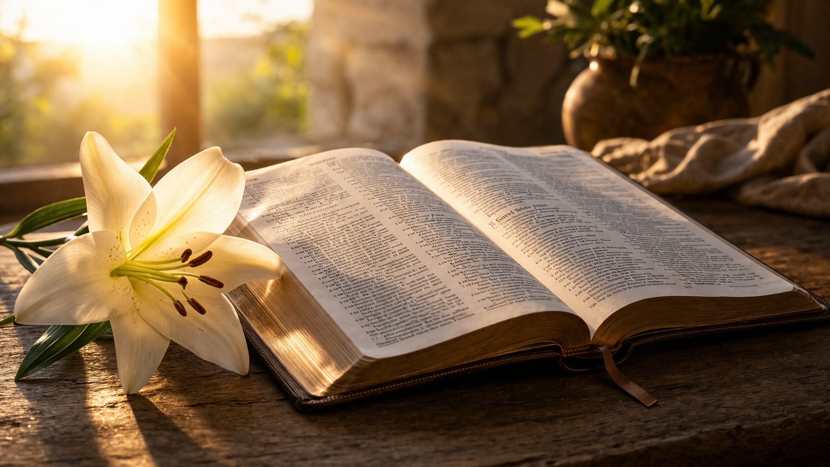 An open Bible beside a white lily on a stone ledge in morning light.