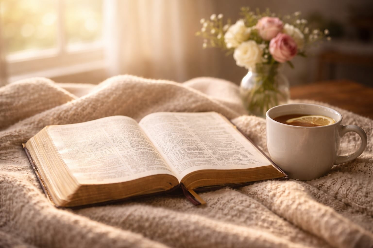An open Bible on a cream blanket beside a cup of tea with a lemon slice and a vase of pink and white flowers.