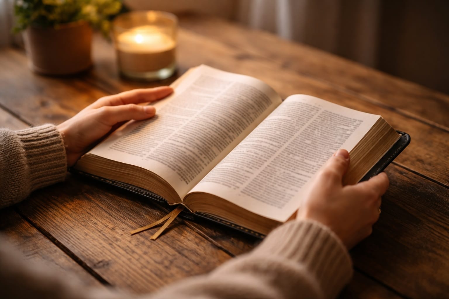 A person's hands resting on an open Bible on a wooden table beside a lit candle.