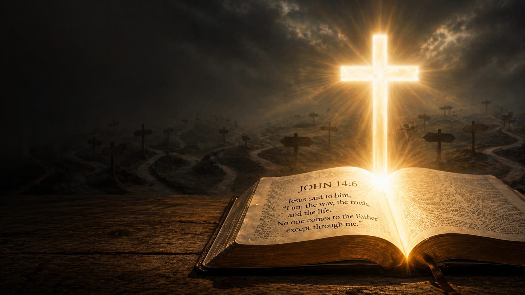 A glowing cross rising from an open Bible showing John 14:6, above a dark landscape of distant crosses.