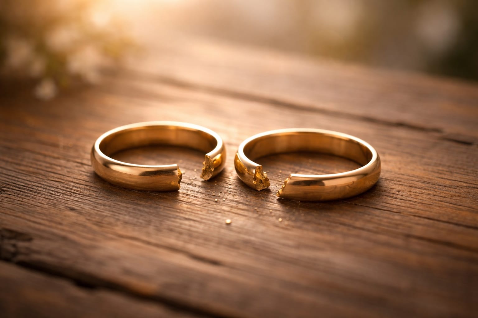 Two broken gold wedding rings lying side by side on a rustic wooden table.