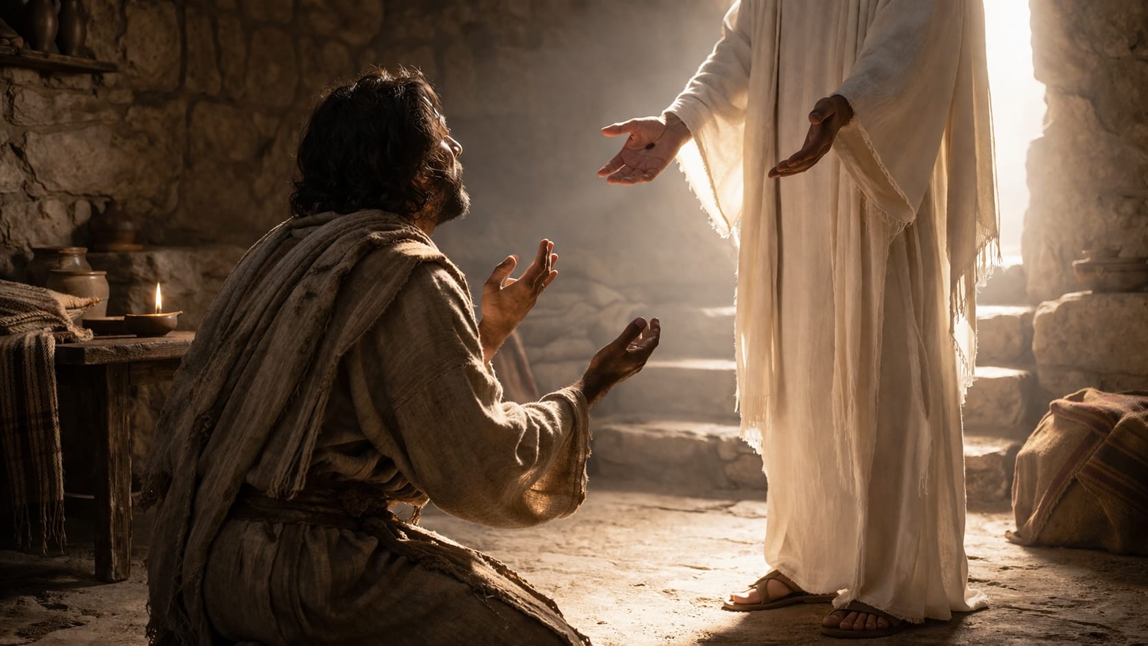 A kneeling man reaching up with open hands toward a figure in a white robe who stands with his hands extended, in a stone room lit from a doorway.