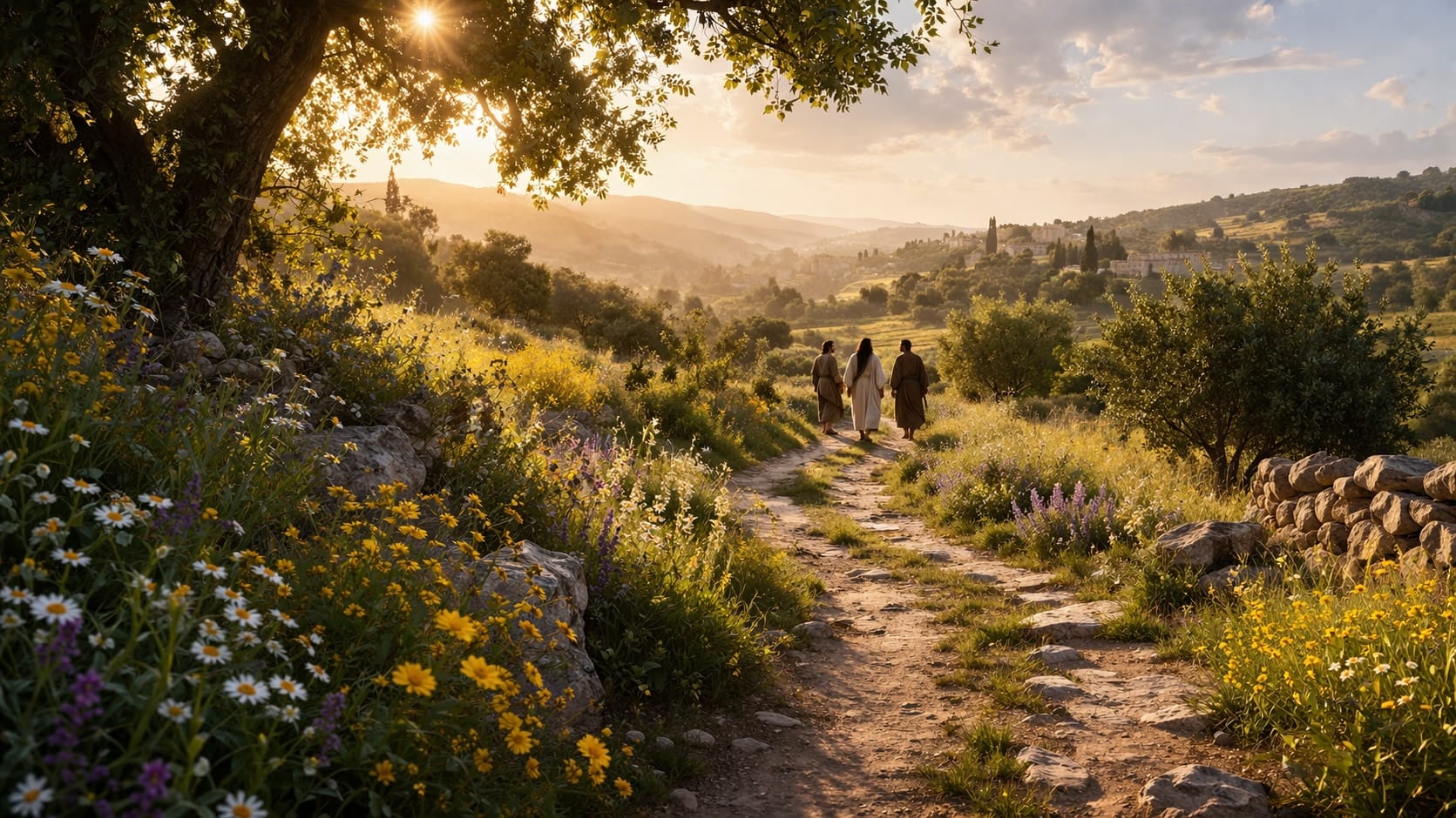 Three travelers walking along a dirt path through wildflowers toward a hillside village at sunset.