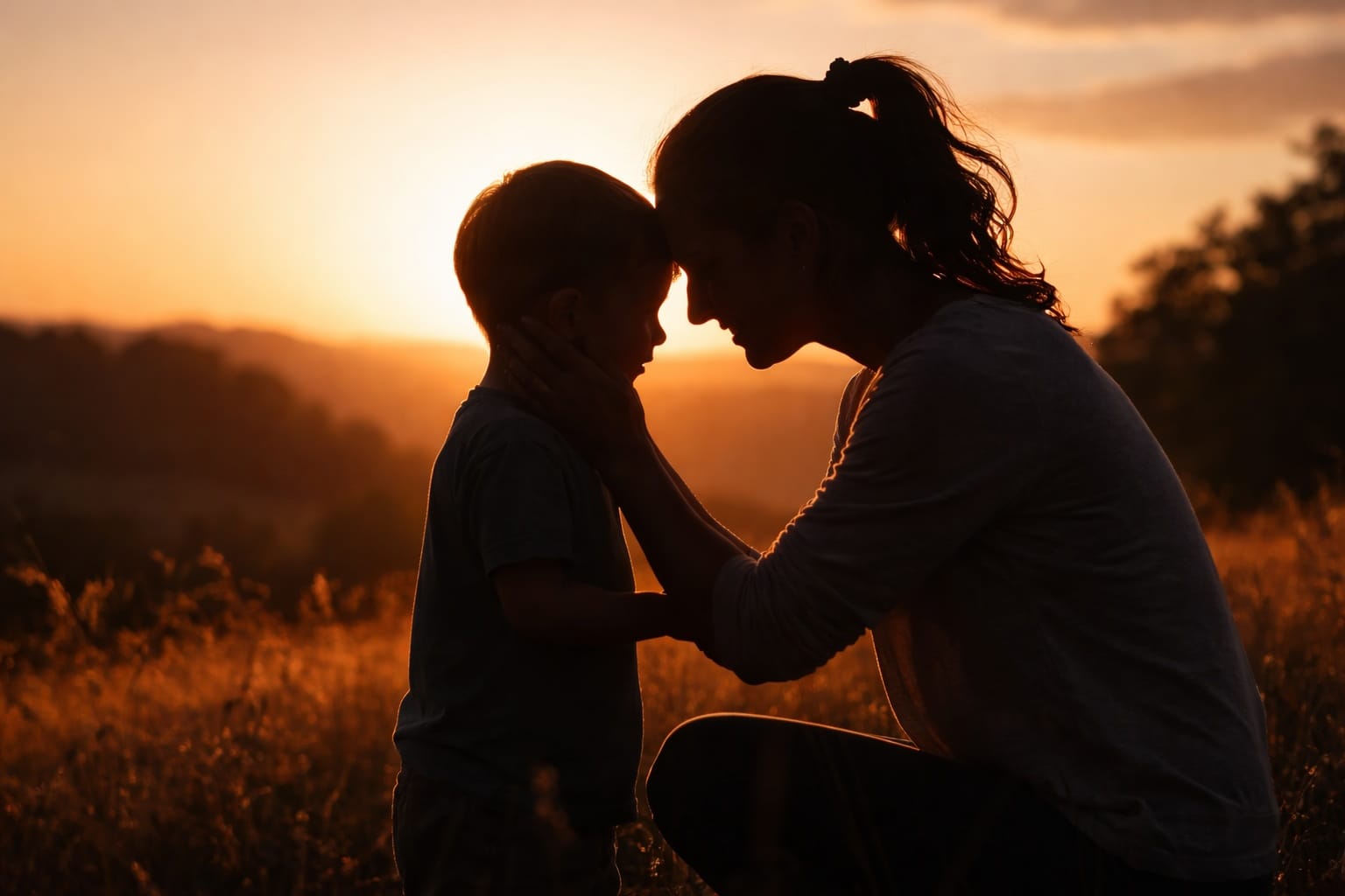 A mother and her young child touching foreheads in silhouette against a golden sunset.