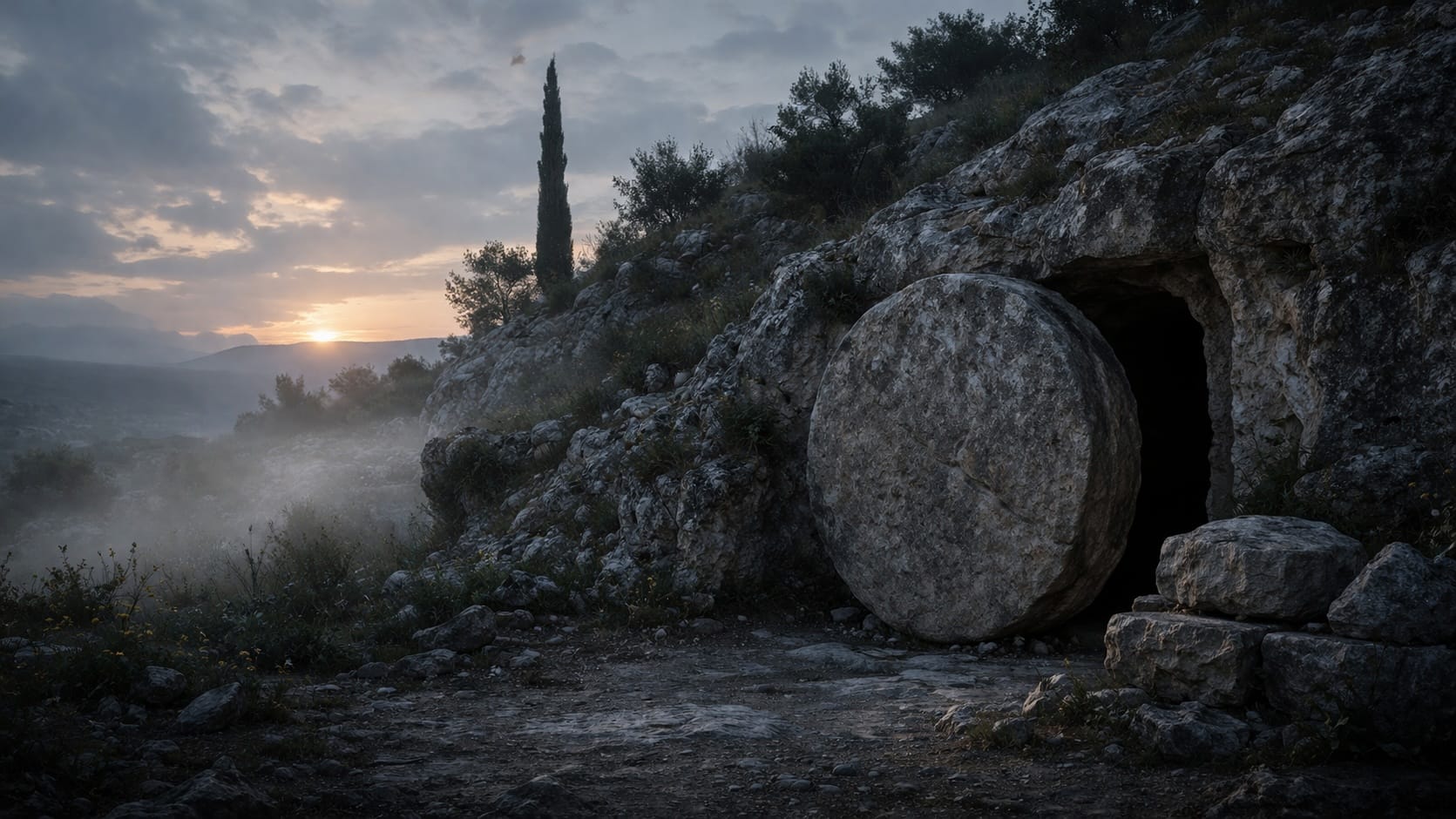A rock tomb with its large round stone beside the entrance, under a misty dawn sky with a cypress tree.