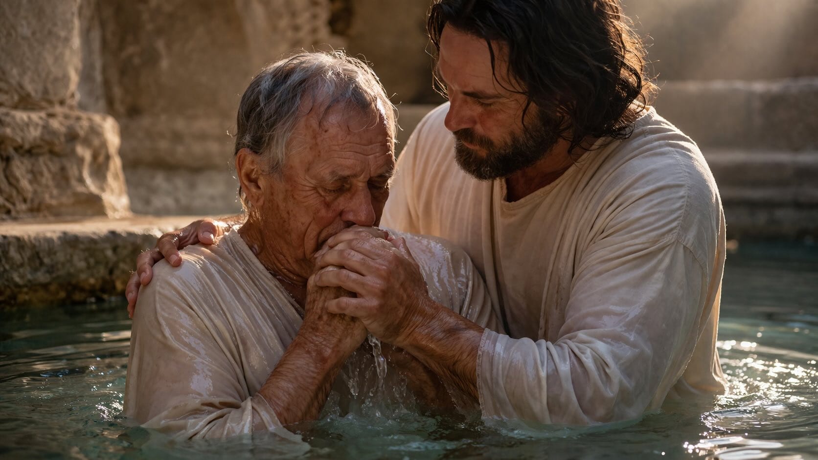 An elderly man in wet white clothes holding his clasped hands to his mouth in shallow water while a bearded younger man steadies his shoulder.